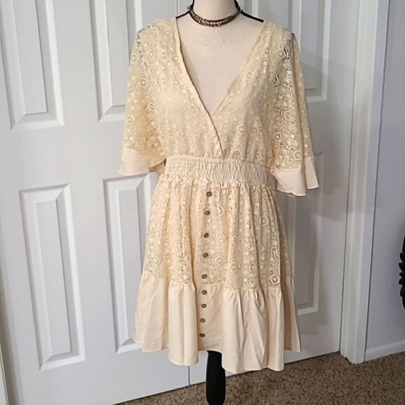 Boho Romantic Lace Overlay Angel Sleeve Mini Dress Pink sz S - Picture 7 of 11